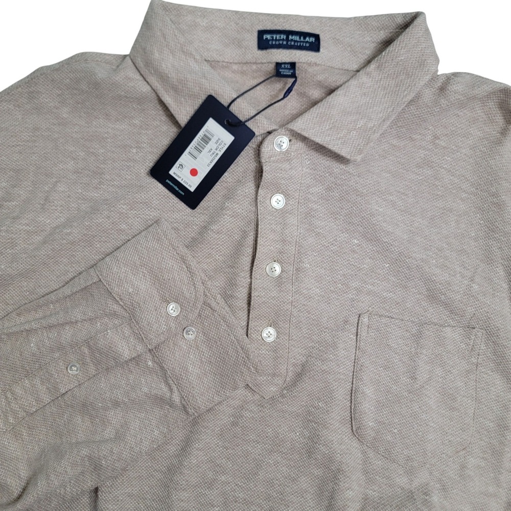 Peter Millar Crown‎ Crafted Mens XXL Tan Cotton Linen Long Sleeve Polo NWT $225